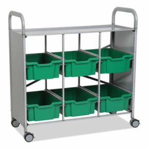 Callero Plus Treble Column Trolley Set 16, Metal, 1 Shelf, 6 F2 Deep Bins, 40.6" x 17.3" x 41.5", Silver/Grass Green