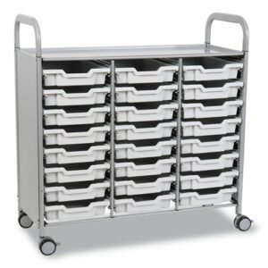 Callero Plus Treble Column Trolley Set 03, Metal, 1 Shelf, 24 F1 Shallow Bins, 40.6" x 17.3" x 41.5", Silver/Light Gray