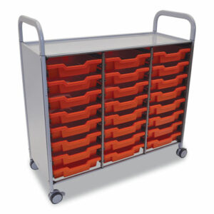 Callero Plus Treble Column Trolley Set 03, Metal, 1 Shelf, 24 F1 Shallow Bins, 40.6" x 17.3" x 41.5", Silver/Flame Red