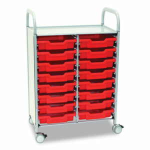 Callero Plus Double Column Trolley Set 05, Metal, 1 Shelf, 16 F1 Shallow Bins, 27.4" x 17.3" x 41.5", Silver/Flame Red