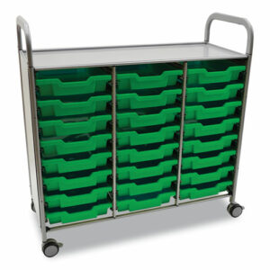 Callero Plus Treble Column Trolley Set 03, Metal, 1 Shelf, 24 F1 Shallow Bins, 40.6" x 17.3" x 41.5", Silver/Grass Green