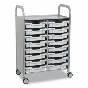 Callero Plus Double Column Trolley Set 05, Metal, 1 Shelf, 16 F1 Shallow Bins, 27.4" x 17.3" x 41.5", Silver/Light Gray