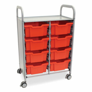 Callero Plus Double Column Trolley Set 13, Metal, 1 Shelf, 8 F2 Deep Bins, 27.4" x 17.3" x 41.5", Silver/Flame Red