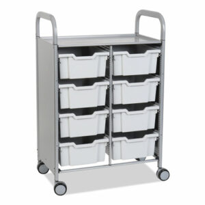 Callero Plus Double Column Trolley Set 13, Metal, 1 Shelf, 8 F2 Deep Bins, 27.4" x 17.3" x 41.5", Silver/Light Gray