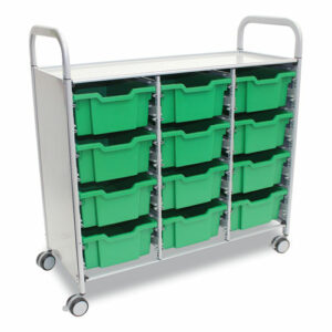 Callero Plus Treble Column Trolley Set 13, Metal, 1 Shelf, 12 F2 Deep Bins, 40.6" x 17.3" x 41.5", Silver/Grass Green