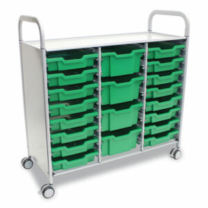 Callero Plus Treble Column Trolley Set 17, Metal, 1 Shelf, 16 F1 Bins, 4 F2 Bins, 40.6" x 17.3" x 41.5", Silver/Grass Green