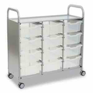 Callero Plus Treble Column Trolley Set 13, Metal, 1 Shelf, 12 F2 Deep Bins, 40.6" x 17.3" x 41.5", Silver/Translucent Frost