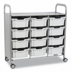 Callero Plus Treble Column Trolley Set 13, Metal, 1 Shelf, 12 F2 Deep Bins, 40.6" x 17.3" x 41.5", Silver/Light Gray
