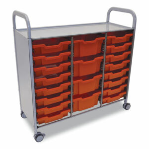 Callero Plus Treble Column Trolley Set 17, Metal, 1 Shelf, 16 F1 Bins, 4 F2 Bins, 40.6" x 17.3" x 41.5", Silver/Flame Red