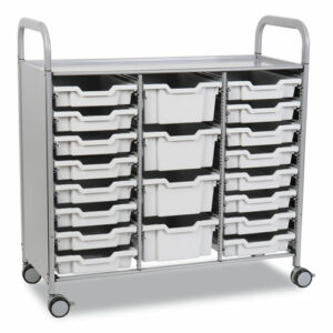 Callero Plus Treble Column Trolley Set 17, Metal, 1 Shelf, 16 F1 Bins, 4 F2 Bins, 40.6" x 17.3" x 41.5", Silver/Light Gray