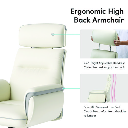 Royal Executive Office Chair, Support up to 300 lb, 19.46"-22.26" Seat Height, White PU Leather Seat, White Faux Leather Back - Image 2