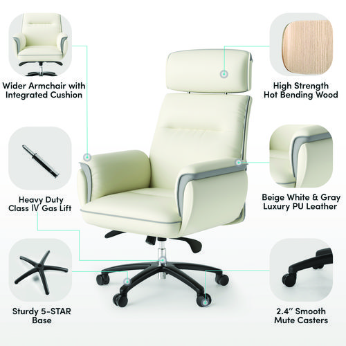Royal Executive Office Chair, Support up to 300 lb, 19.46"-22.26" Seat Height, White PU Leather Seat, White Faux Leather Back - Image 4
