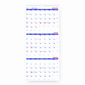 Three-Month Wall Calendar, 12.25" x 27", White/Blue Sheets, 14-Months: Dec 2024 to Jan 2026