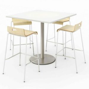 Pedestal Bistro Table with Four Natural Jive Series Barstools, Square, 36 x 36 x 41, Designer White