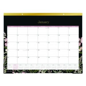 Neveah Monthly Desk Pad Calendar, Floral Artwork, 22" x 17", White/Black/Pink Sheets, Gold Headband, 12-Month (Jan-Dec): 2025