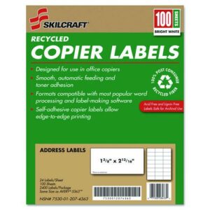 7530012074363, SKILCRAFT Recycled Copier Labels, Copiers, 1.38 x 2.81, White, 24/Sheet, 100 Sheets/Box