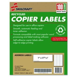 7530010864518, SKILCRAFT Recycled Copier Labels, Copiers, 1 x 2.81, White, 33/Sheet, 100 Sheets/Box