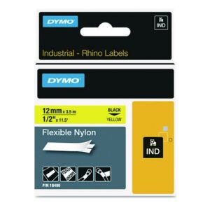 Rhino Flexible Nylon Industrial Label Tape, 0.5" x 11.5 ft, Yellow/Black Print