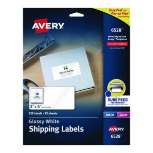 Glossy White Easy Peel Mailing Labels w/ Sure Feed Technology, Laser Printers, 2 x 4, White, 10/Sheet, 25 Sheets/Pack
