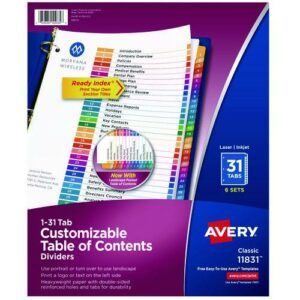Customizable Table of Contents Ready Index Multicolor Dividers, 31-Tab, 1 to 31, 11 x 8.5, White, 6 Sets