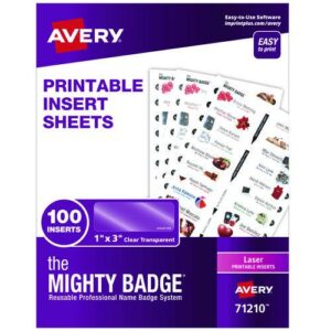 The Mighty Badge Name Badge Inserts, 1 x 3, Clear, Laser, 20/Sheet, 5 Sheets/Pack