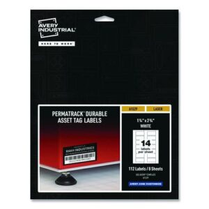PermaTrack Durable White Asset Tag Labels, Laser Printers, 1.25 x 2.75, White, 14/Sheet, 8 Sheets/Pack