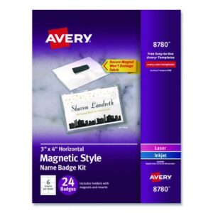 Magnetic Style Name Badge Kit, Horizontal, 4 x 3, White, 24/Pack