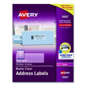 Matte Clear Easy Peel Mailing Labels w/ Sure Feed Technology, Laser Printers, 1.33 x 4, Clear, 14/Sheet, 50 Sheets/Box