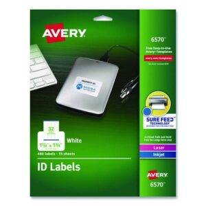 Permanent ID Labels w/ Sure Feed Technology, Inkjet/Laser Printers, 1.25 x 1.75, White, 32/Sheet, 15 Sheets/Pack