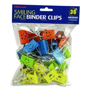 Smiling Face Binder Clips, Medium, Assorted Colors, 36/Pack