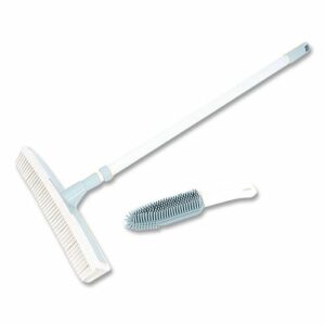 Rubber Broom and Handheld Brush,11.75 x 50 Plastic Handle, White/Blue