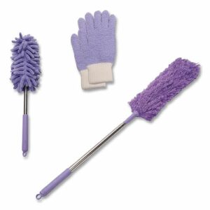 Four-Piece Dusting Set, Extendable Duster, Flexible Wand, 2 Gloves, Purple