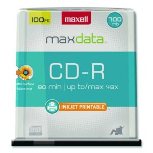 CD-R Printable Recordable Disc, 700 MB/80 min, 48x, Spindle, Matte White, 100/Pack