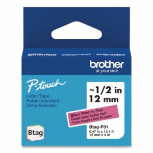Genuine P-Touch BTAG Label Tapes, 0.47" x 13.1 ft, Black on Pink