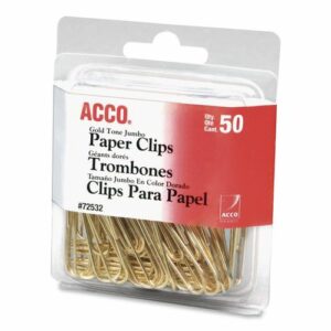 Gold Tone Paper Clips, Jumbo, Smooth, Gold, 50/Box
