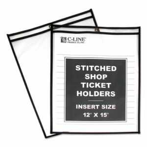Stitched Shop Ticket Holders, Heavy-Duty, Top Load 12 x 15 Insert, Clear Front, Black Border, 25/Box
