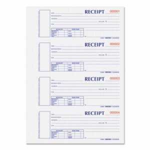 Durable Hardcover Numbered Money Receipt Book, Two-Part Carbonless, 6.88 x 2.75, 4 Forms/Sheet, 300 Forms Total