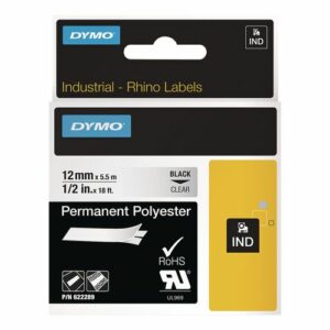 Rhino Permanent Vinyl Industrial Label Tape, 0.5" x 18 ft, Clear/Black Print