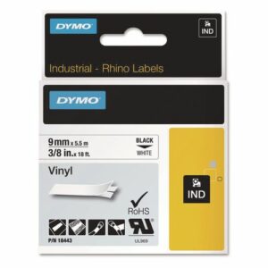 Rhino Permanent Vinyl Industrial Label Tape, 0.37" x 18 ft, White/Black Print
