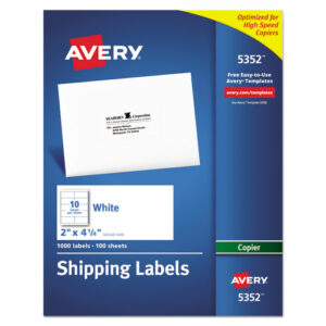 Copier Mailing Labels, Copiers, 2 x 4.25, White, 10/Sheet, 100 Sheets/Box