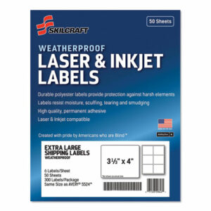 7530016736217, SKILCRAFT Weatherproof Mailing Labels, Inkjet/Laser Printers, 3.33 x 4, White, 6/Sheet, 50 Sheets/Pack