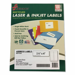 7530016736513, SKILCRAFT Recycled Laser and Inkjet Labels, Inkjet/Laser Printers, 1.33 x 4, White, 14/Sheet, 100 Sheets/Box