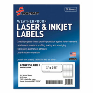 7530016736516, SKILCRAFT Weatherproof Mailing Labels, Laser Printers, 1 x 2.63, White, 30/Sheet, 50 Sheets/Box