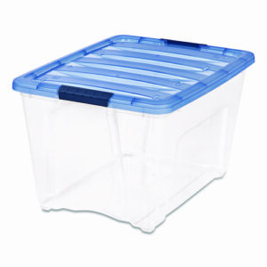 Stack and Pull Latching Flat Lid Storage Box, 13.5 gal, 22" x 16.5" x 13.03", Clear/Translucent Blue