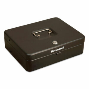 Tiered CantiDoor Lever Cash Box, 4 Bill, 5 Coin Slots, Key Lock, 11.9 x 9.7 x 3.5, Steel, Black