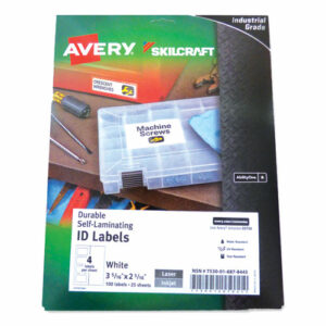 7530016878445, SKILCRAFT AVERY Durable Self-Laminating ID Labels, 2.31 x 3.31, White, 4/Sheets, 25 Sheets/Pack