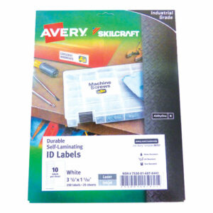 7530016878443, SKILCRAFT AVERY Durable Self-Laminating ID Labels, 1.03 x 3.5, White, 10/Sheet, 25 Sheets/Pack