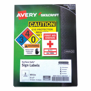 7530016878147, SKILCRAFT AVERY Surface Safe Sign Labels, 5 x 7, White, 2/Sheet, 15 Sheets/Box, 12 Boxes/Box