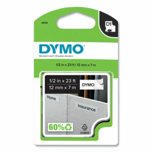 D1 High-Performance Polyester Removable Label Tape, 0.5" x 23 ft, Black on White