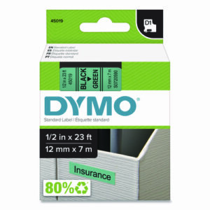 D1 High-Performance Polyester Removable Label Tape, 0.5" x 23 ft, Black on Green